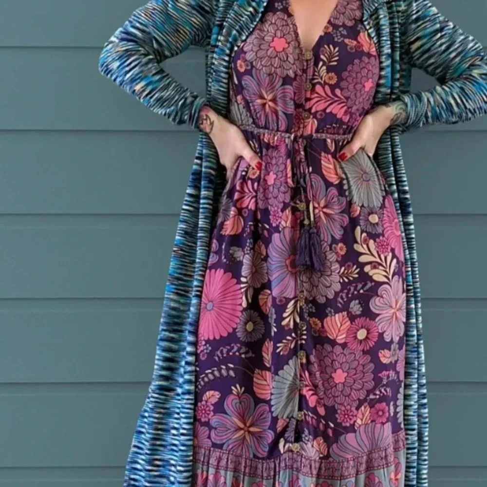 Band Of Gypsies Long Temo Cardigan Blue/Beige Slit Side Button Up SIZE S WOMEN'S - Picture 2 of 16